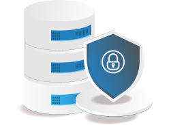 A stack of circular white data disks with a blue band, accompanied by a shield icon with a lock in the center, representing data protection or security.