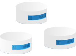 Three flat, circular white data disks with a blue band, symbolizing data storage or servers.